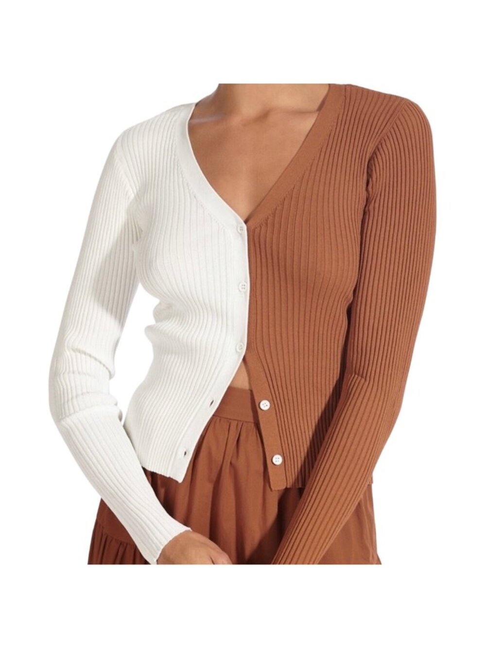 Staud Shoko Two-Tone Ribbed Button-Up Cardigan In White & Brown Size S